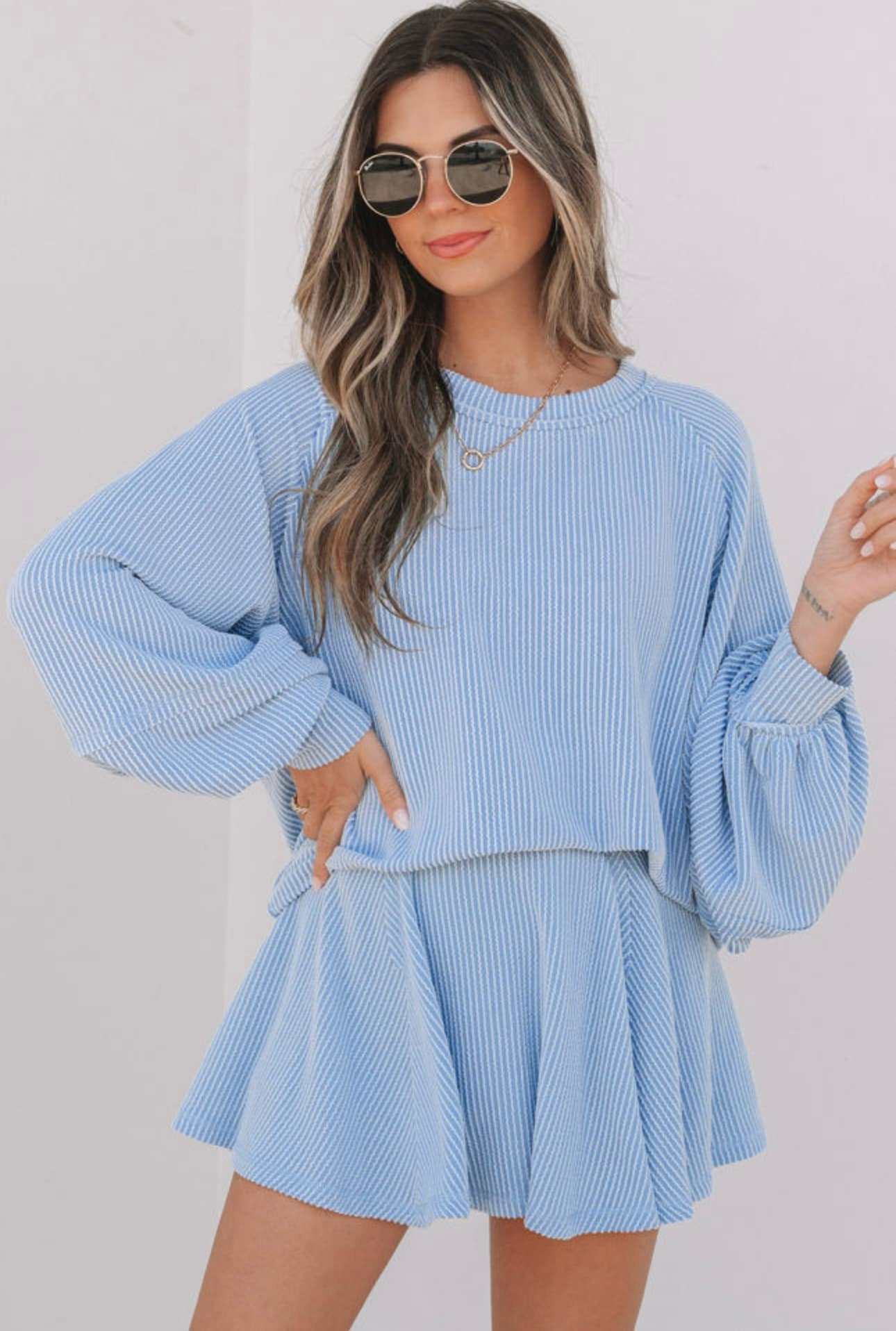 Corded Blue Lantern Sleeve Skort Set