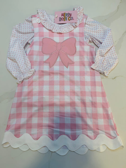 Pink Gingham Applique Bow Girls Dress