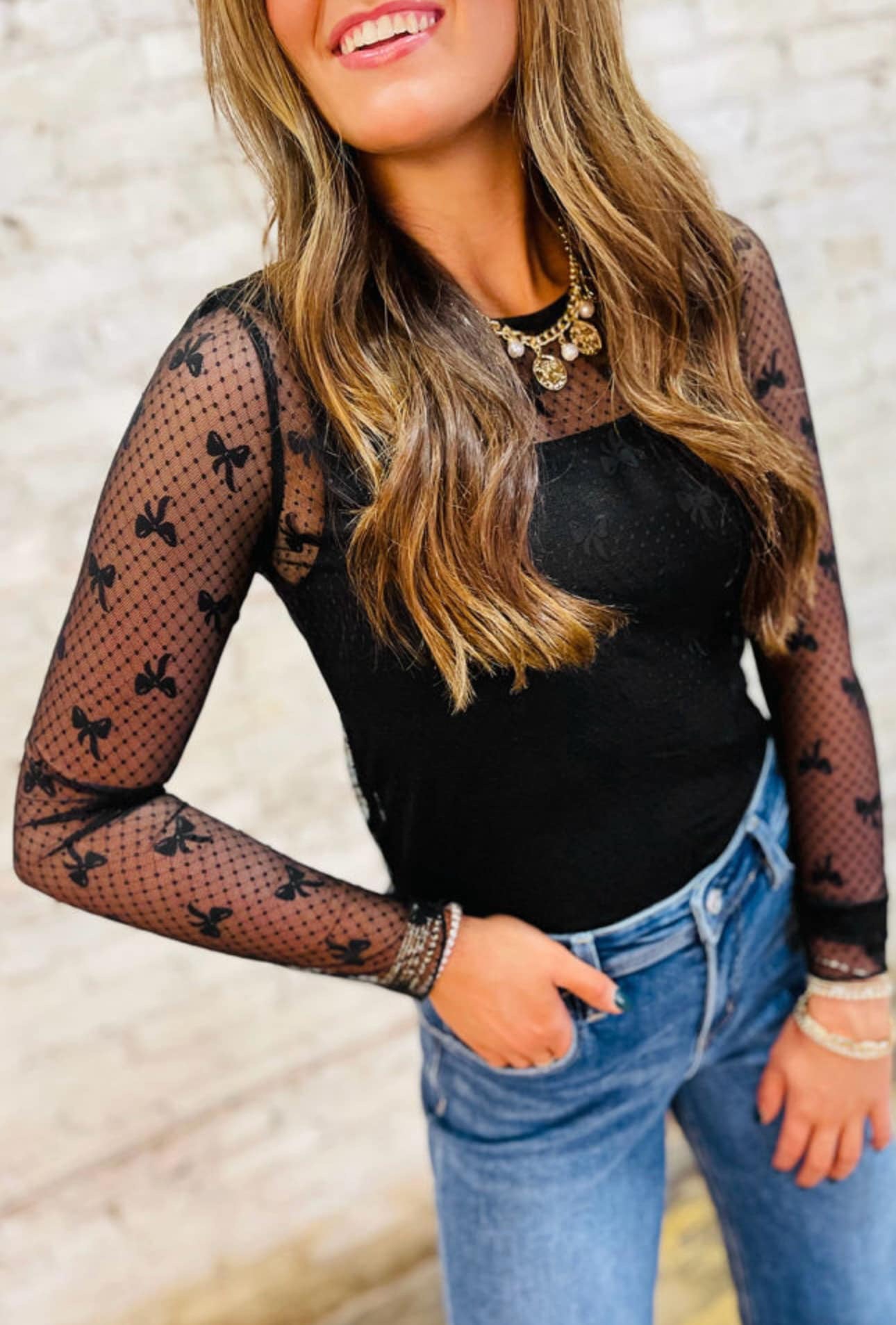 Black Spaced Lace Bow Top