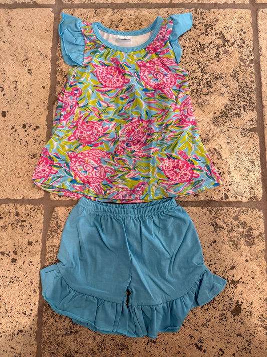 Blue Sea Turtle Girls Short Set