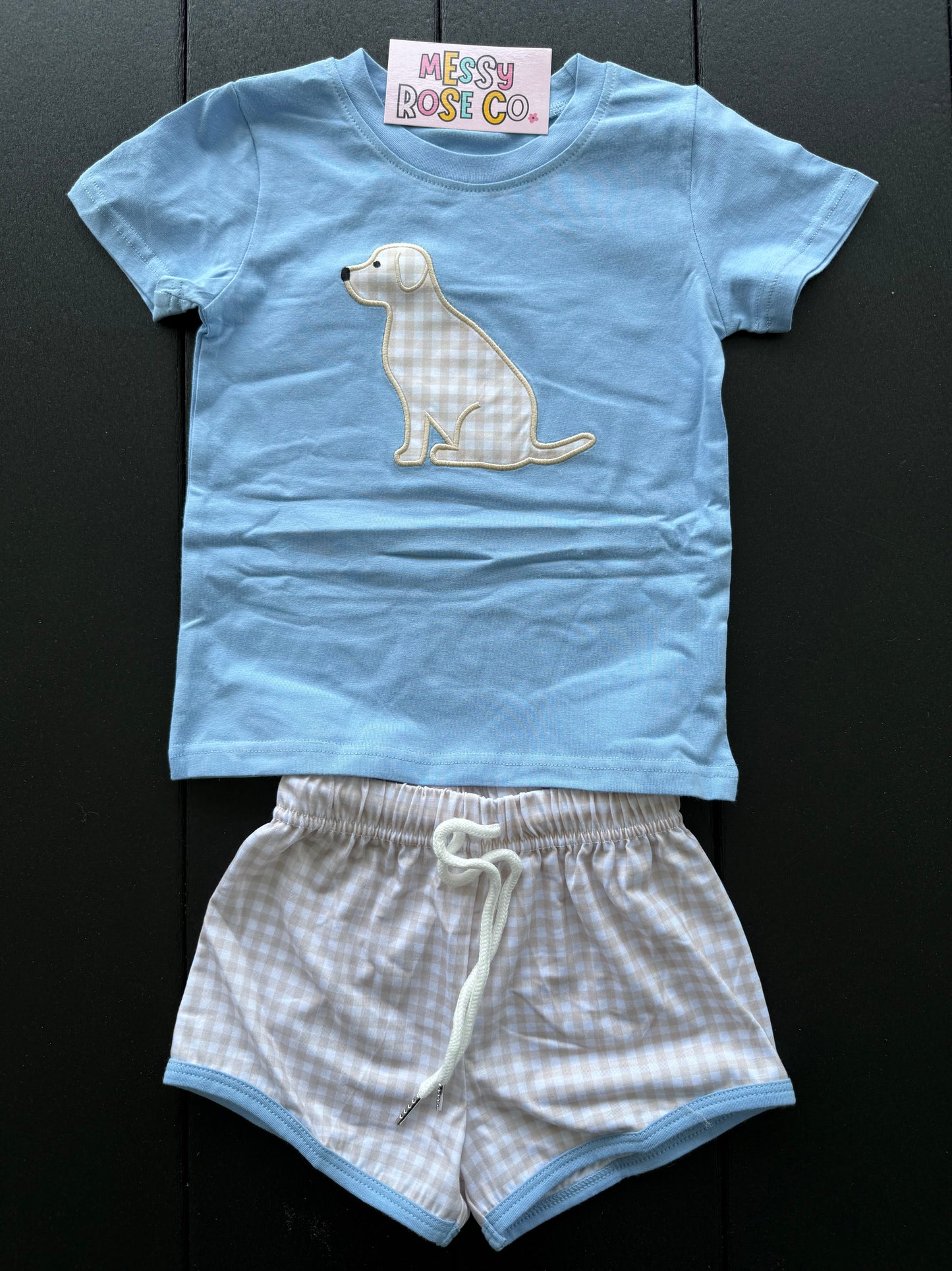 Brown Gingham Puppy Dog Boys Short Set