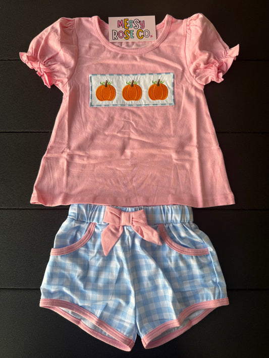Blue plaid pumpkin girls short set