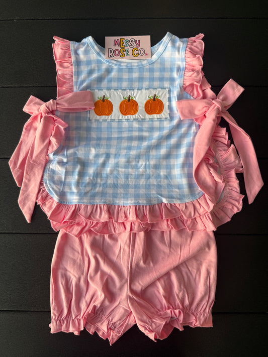 Blue Plaid Pumpkin Girls Shortie Bloomer Set